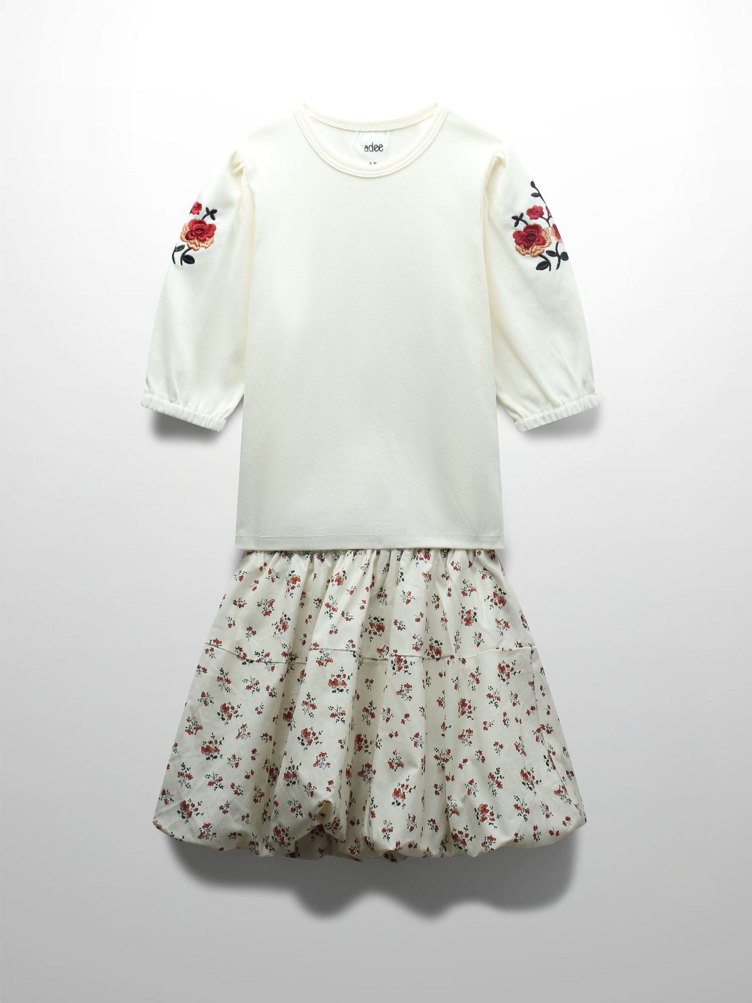 Floral Bubble Skirt with 3/4 Sleeve T-shirt