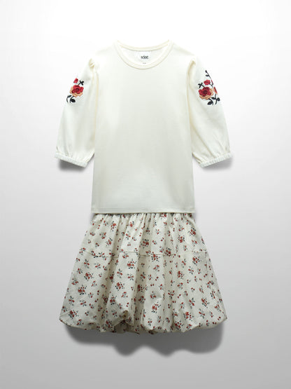 Floral Bubble Skirt with 3/4 Sleeve T-shirt