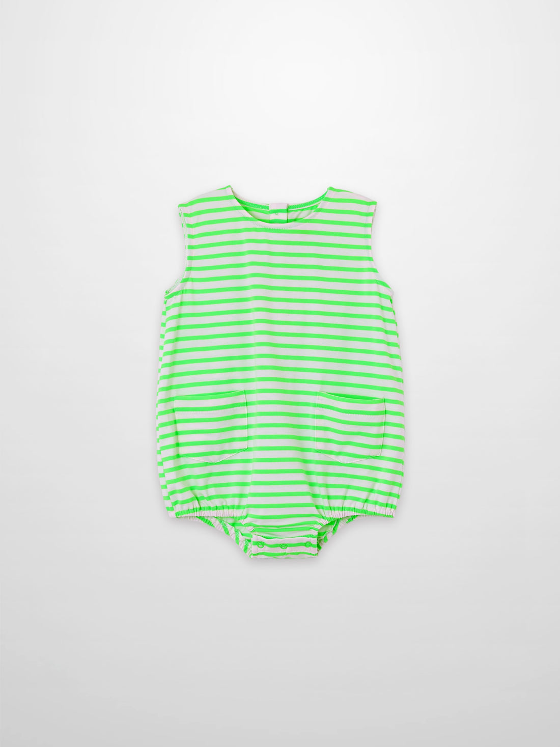 Boys romper Adee neon green striped, sleeveless with two front pockets and snap crotch
