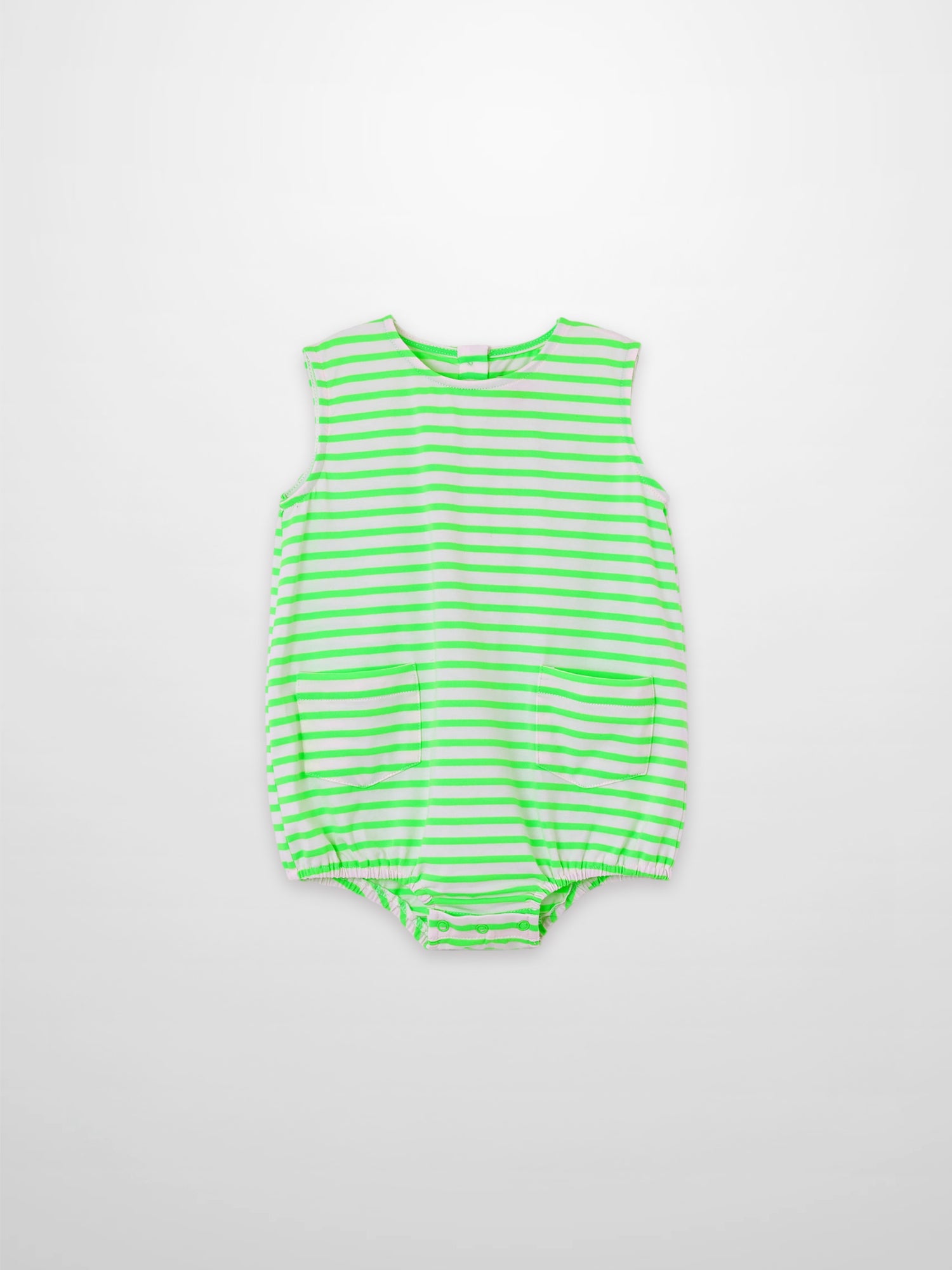 Boys romper Adee neon green striped, sleeveless with two front pockets and snap crotch