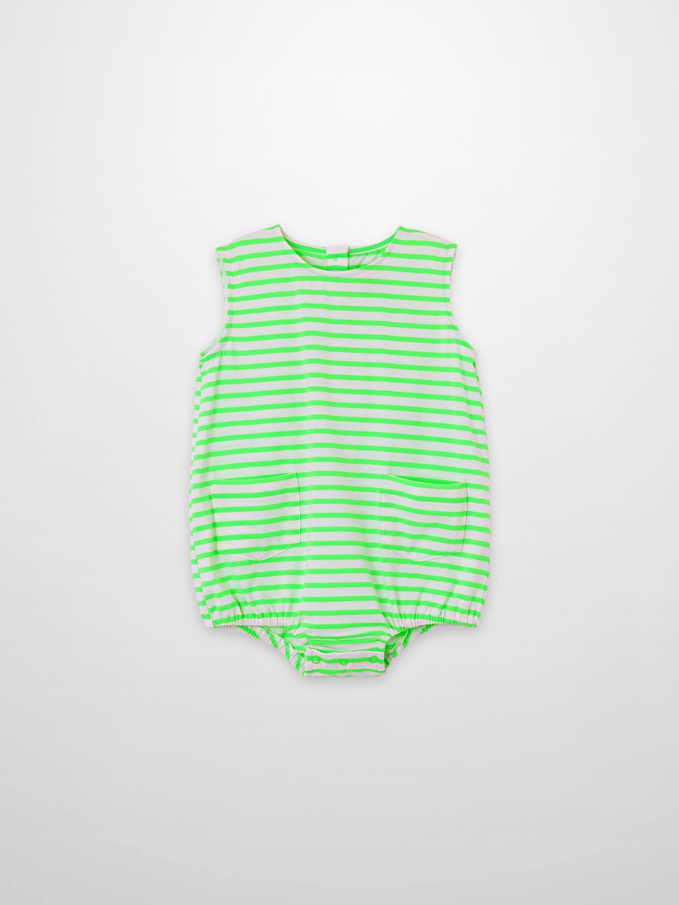 Boys romper Adee neon green striped, sleeveless with two front pockets and snap crotch