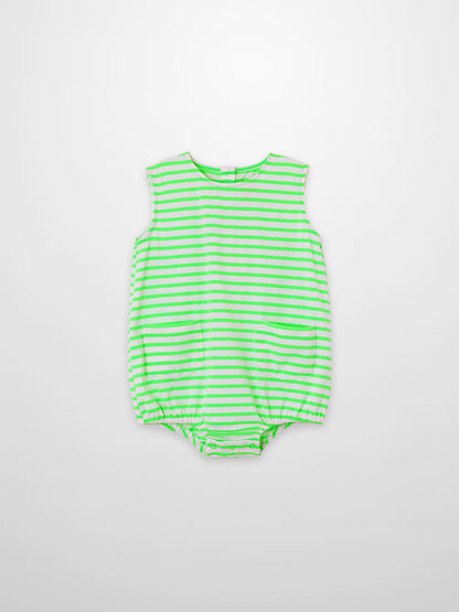 Boys romper Adee neon green striped, sleeveless with two front pockets and snap crotch