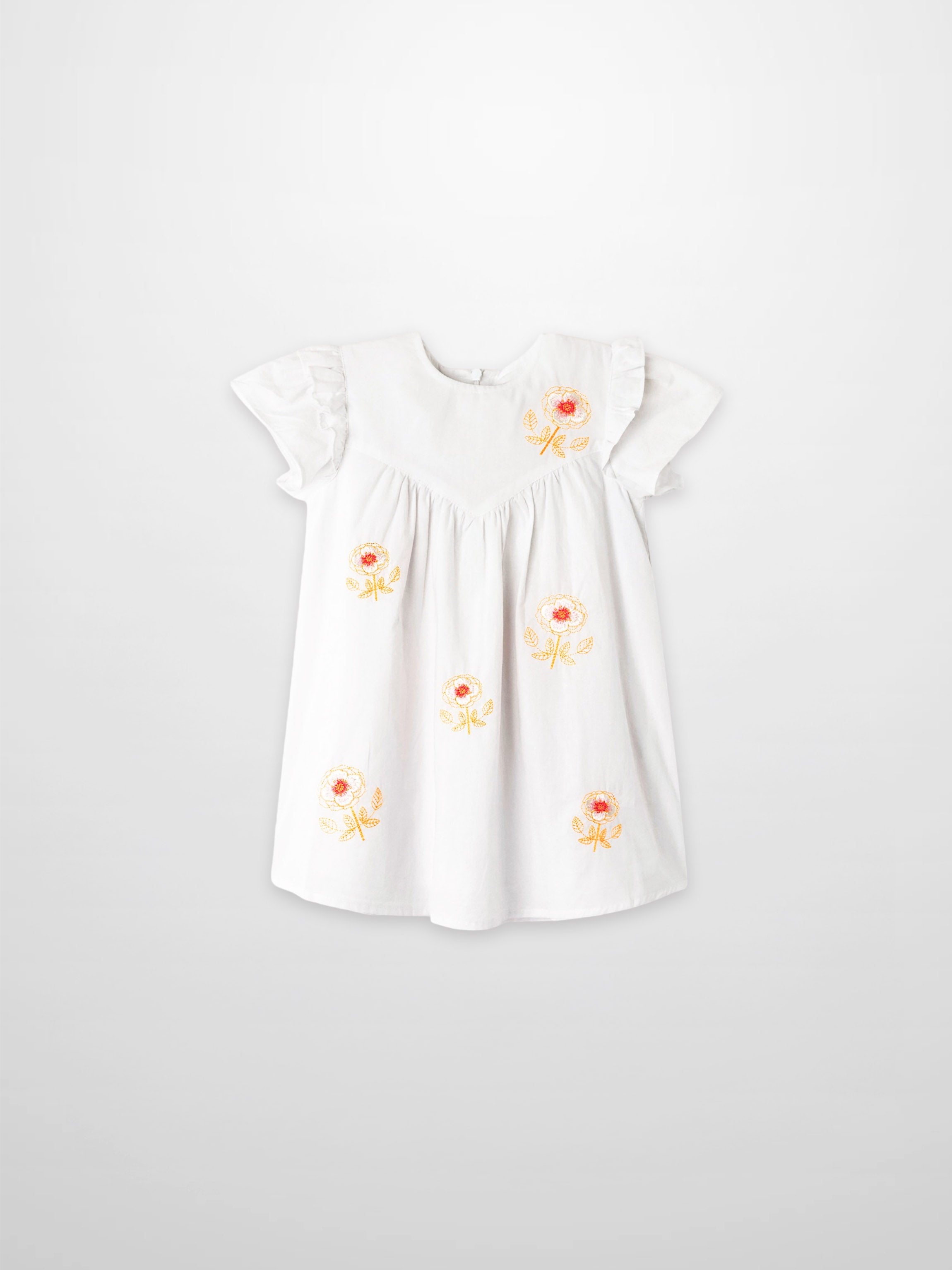Embroidered Flower Dress - Short Sleeve, white girls dress with orange floral embroidery