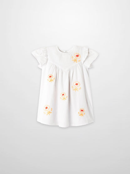 Embroidered Flower Dress - Short Sleeve, white girls dress with orange floral embroidery