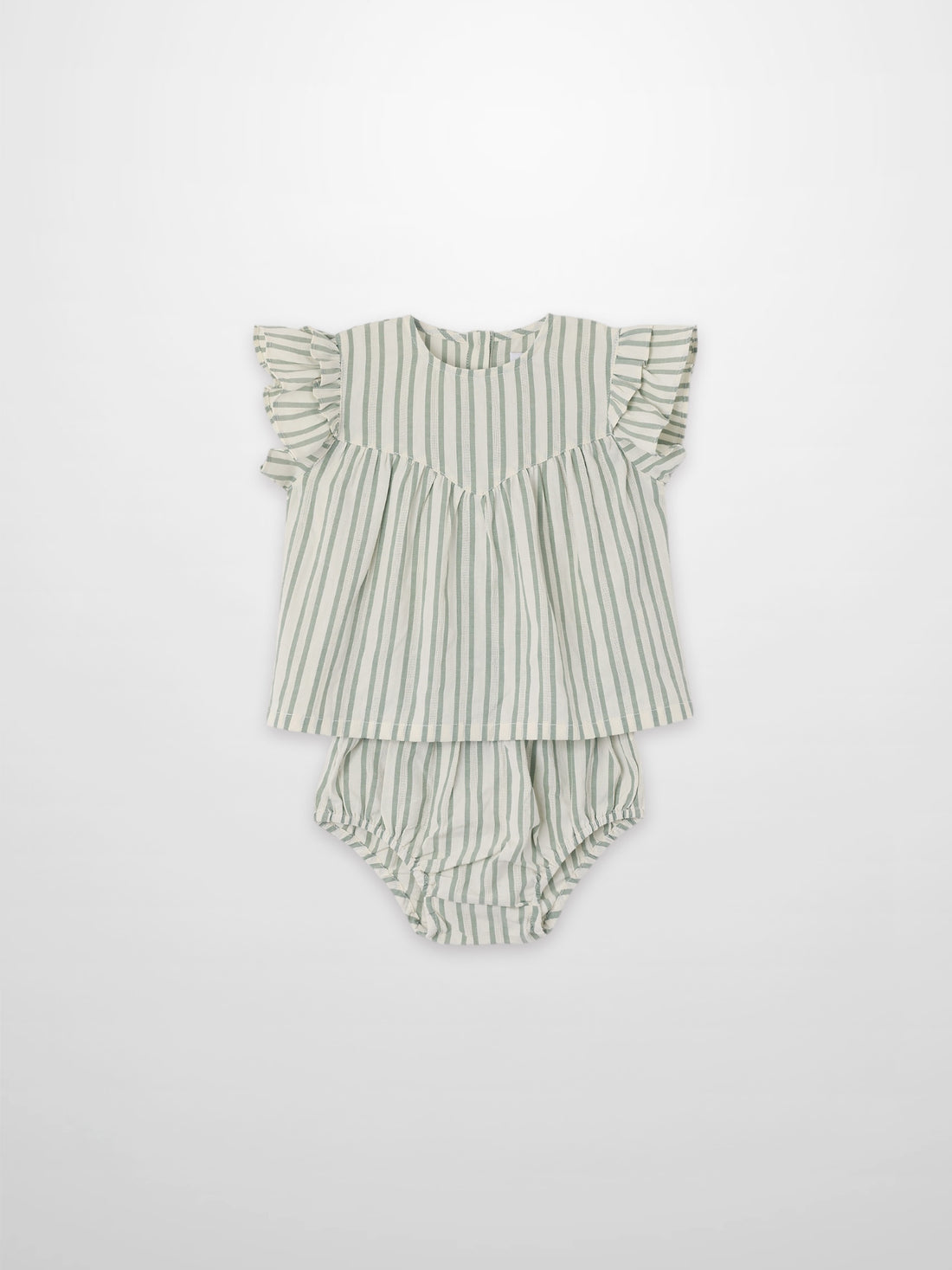 Green striped ruffled shirt and bloomers set for little girls by Adee; dressy apparel.