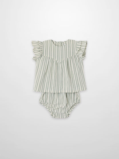 Green striped ruffled shirt and bloomers set for little girls by Adee; dressy apparel.