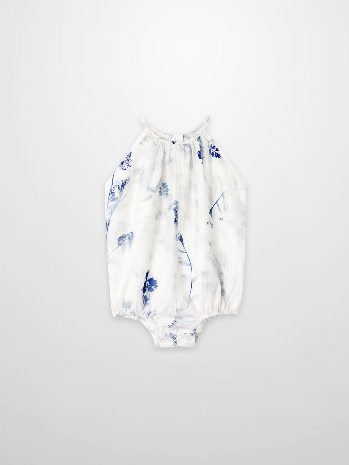 Blue Flower Romper for girls, white fabric with blue floral print