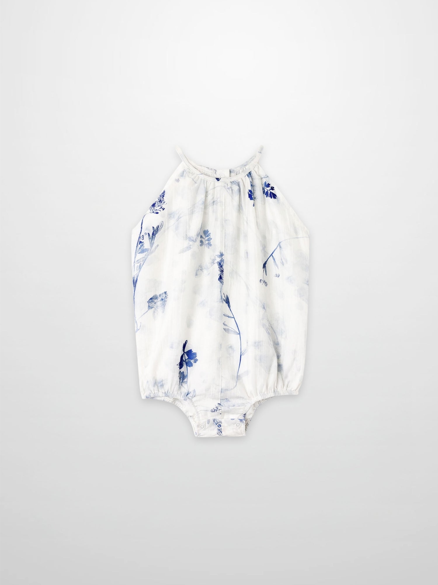 Blue Flower Romper for girls, white fabric with blue floral print