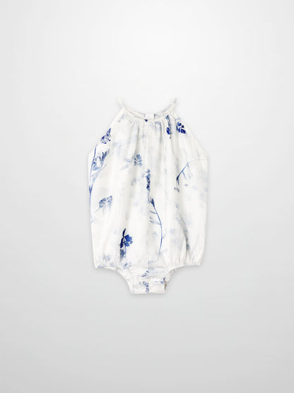 Blue Flower Romper for girls, white fabric with blue floral print