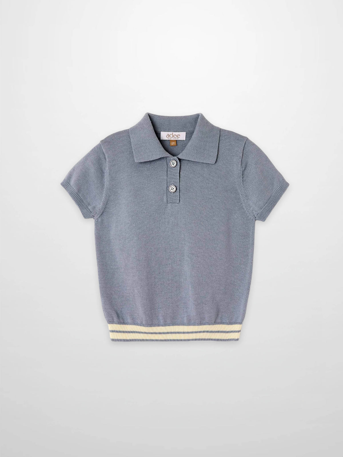 Light blue knit polo sweater for kids with collar, short sleeves, and cream striped ribbed hem.