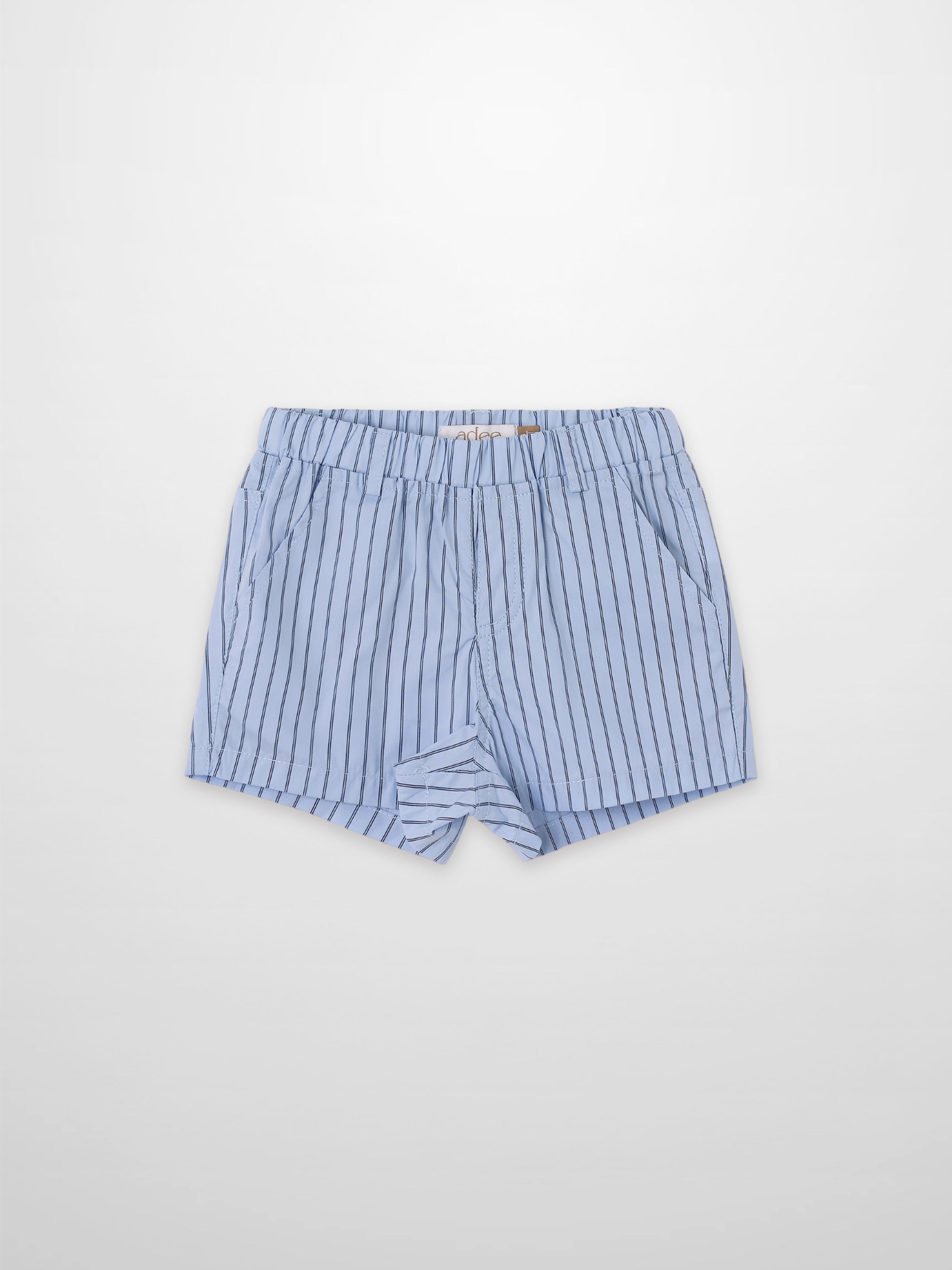 Striped blue cotton shorts for boys by Adee with elastic waistband