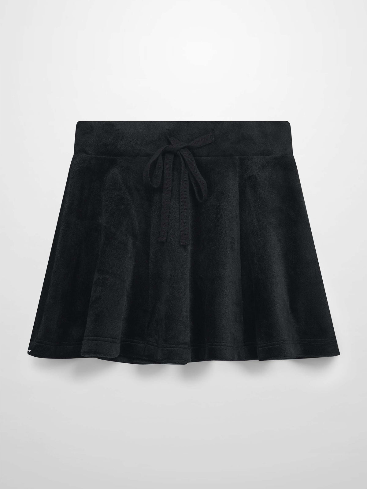 Black velour six-panel circle skirt with drawstring waist.