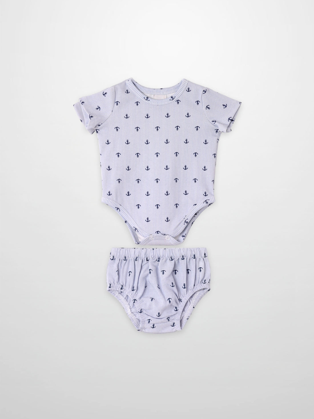 Anchor Set - Blue, Adee two-piece for boys: light-blue striped onesie with anchors and matching diaper cover.