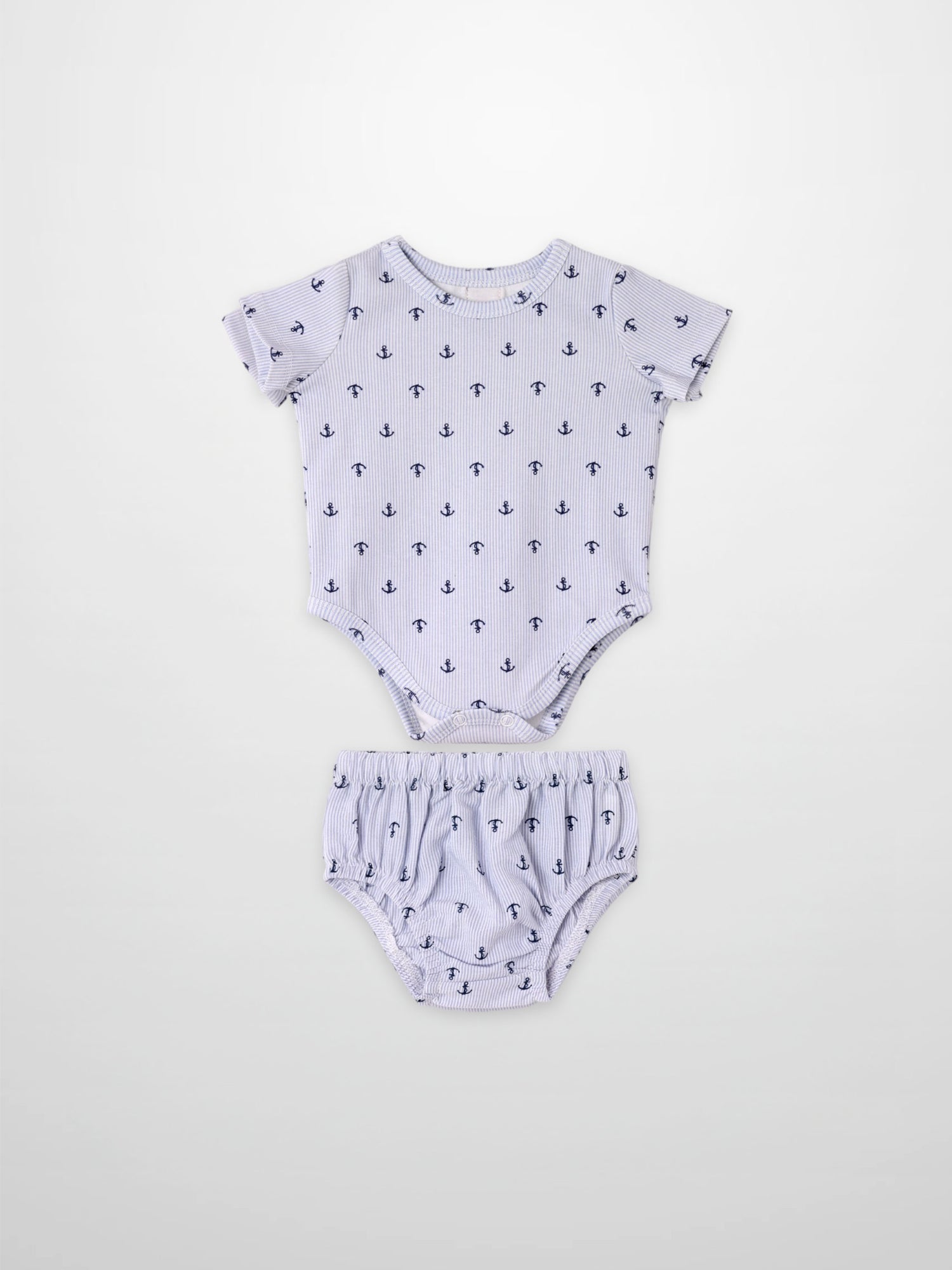 Anchor Set - Blue, Adee two-piece for boys: light-blue striped onesie with anchors and matching diaper cover.