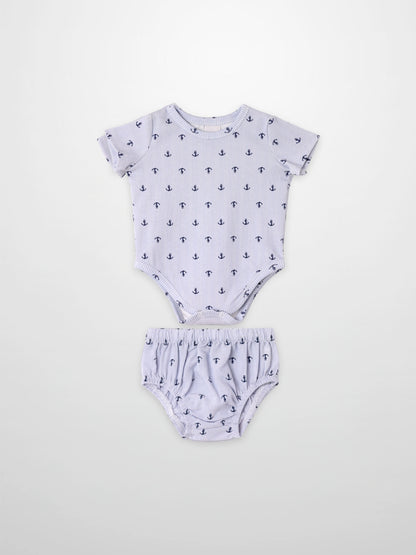 Anchor Set - Blue, Adee two-piece for boys: light-blue striped onesie with anchors and matching diaper cover.