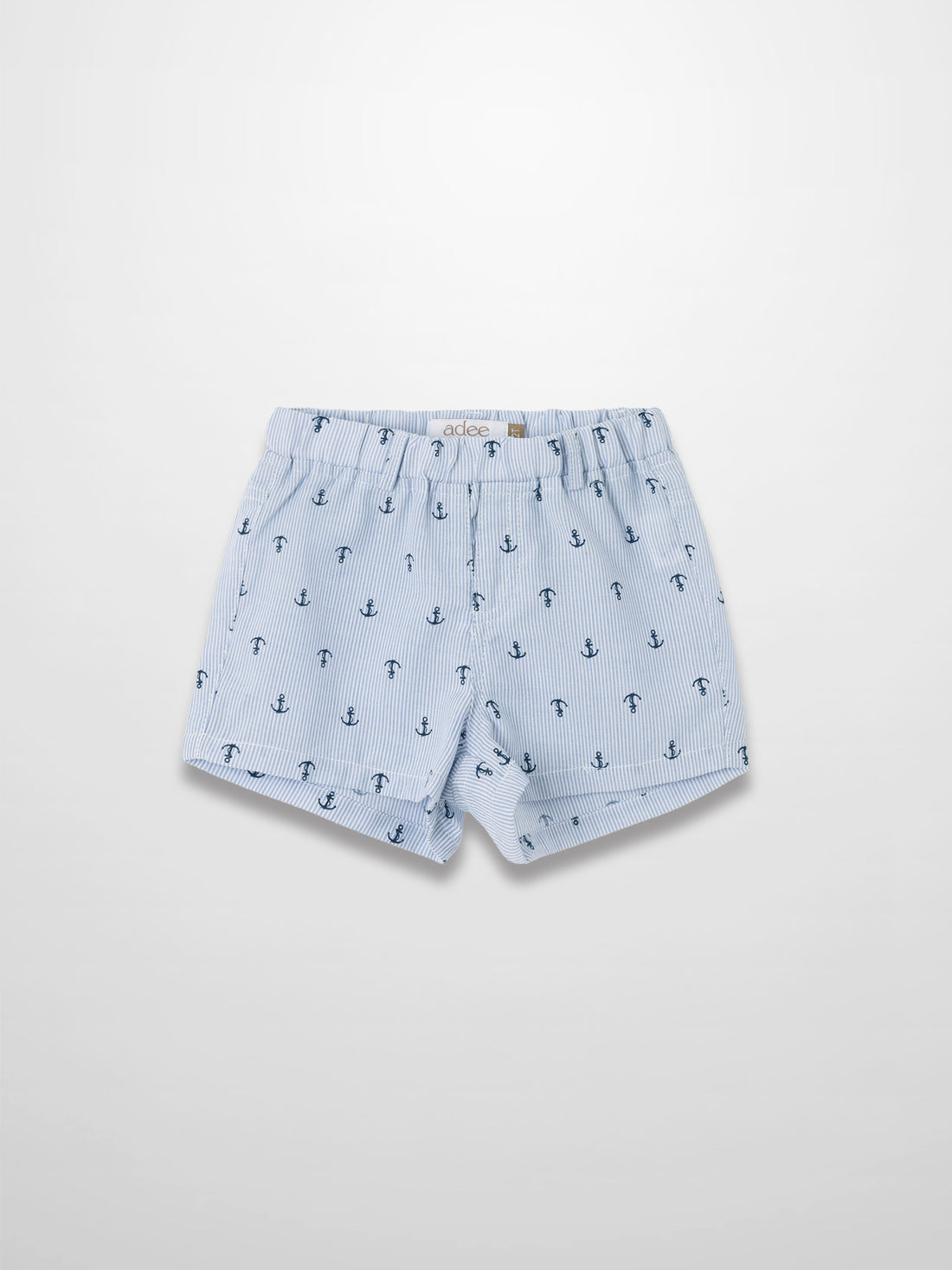 Anchor Shorts: light blue striped fabric with navy anchor print and elastic waistband.