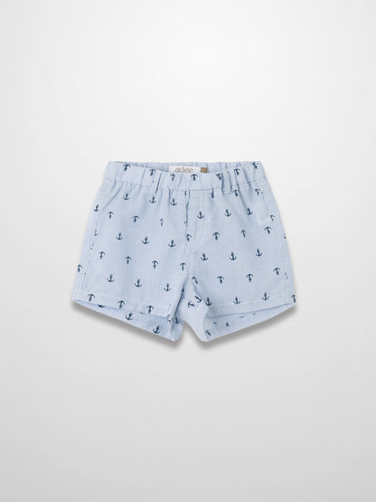 Anchor Shorts: light blue striped fabric with navy anchor print and elastic waistband.