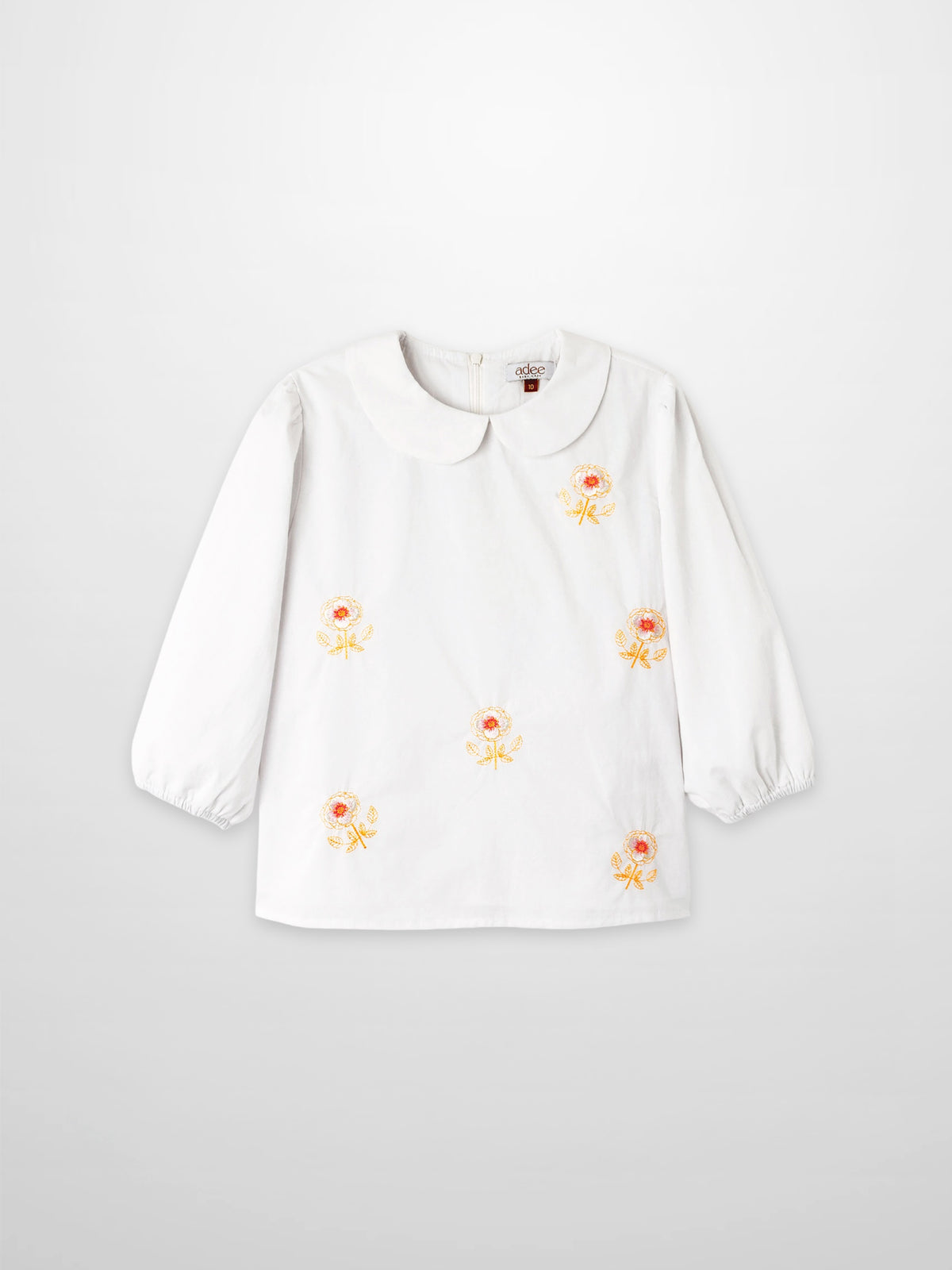 Embroidered Flower Shirt by Adee, white girls dressy top with orange-yellow floral embroidery and a Peter Pan collar.