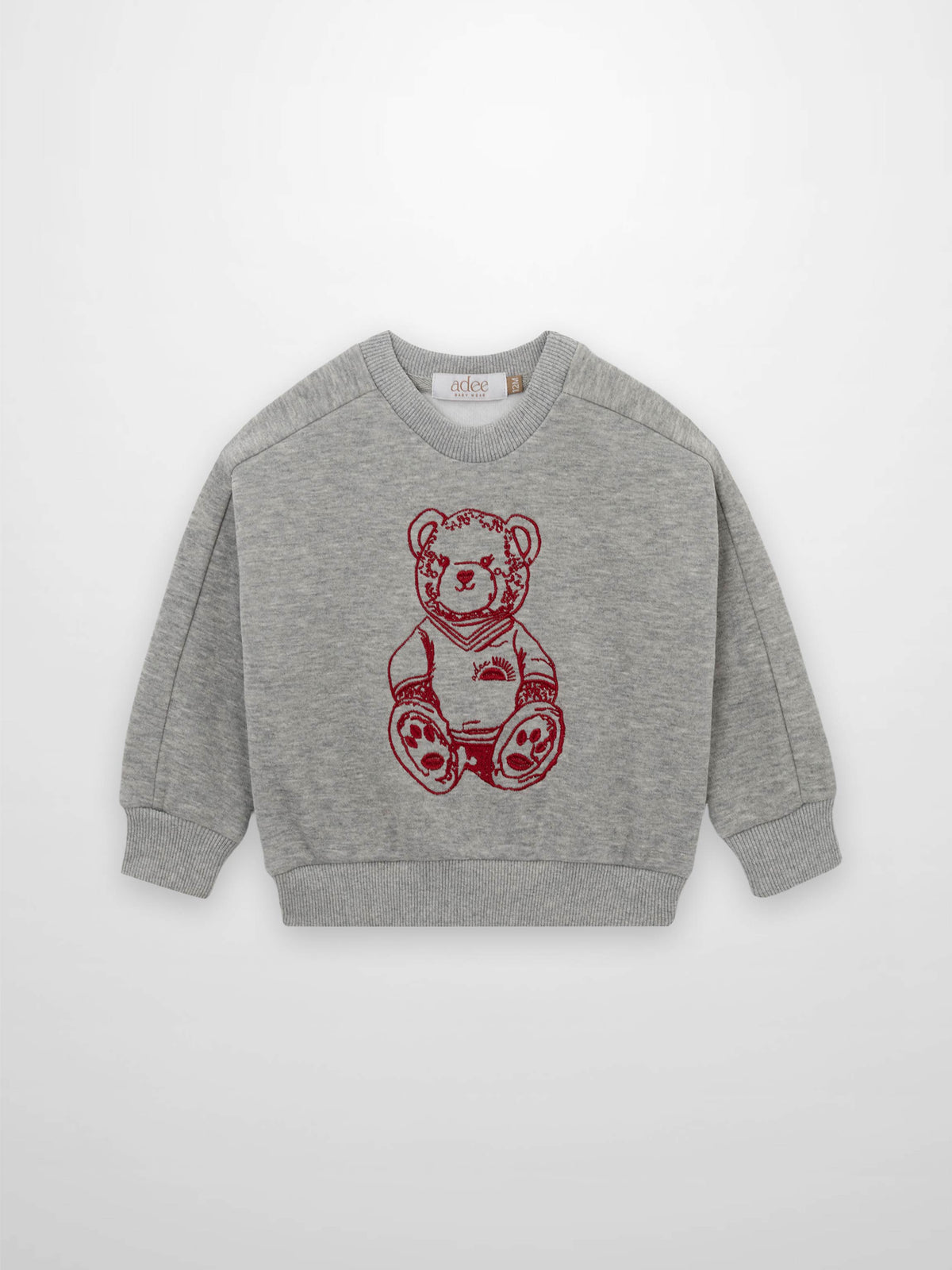 Teddy Bear Sweatshirt for girls; grey knit with red teddy graphic, Adee brand top