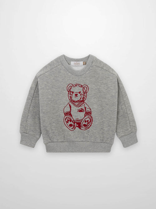 Teddy Bear Sweatshirt for girls; grey knit with red teddy graphic, Adee brand top