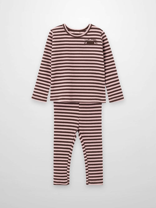 Adee two-piece striped leggings set for little girls in brown and pink with a long-sleeve top and matching leggings