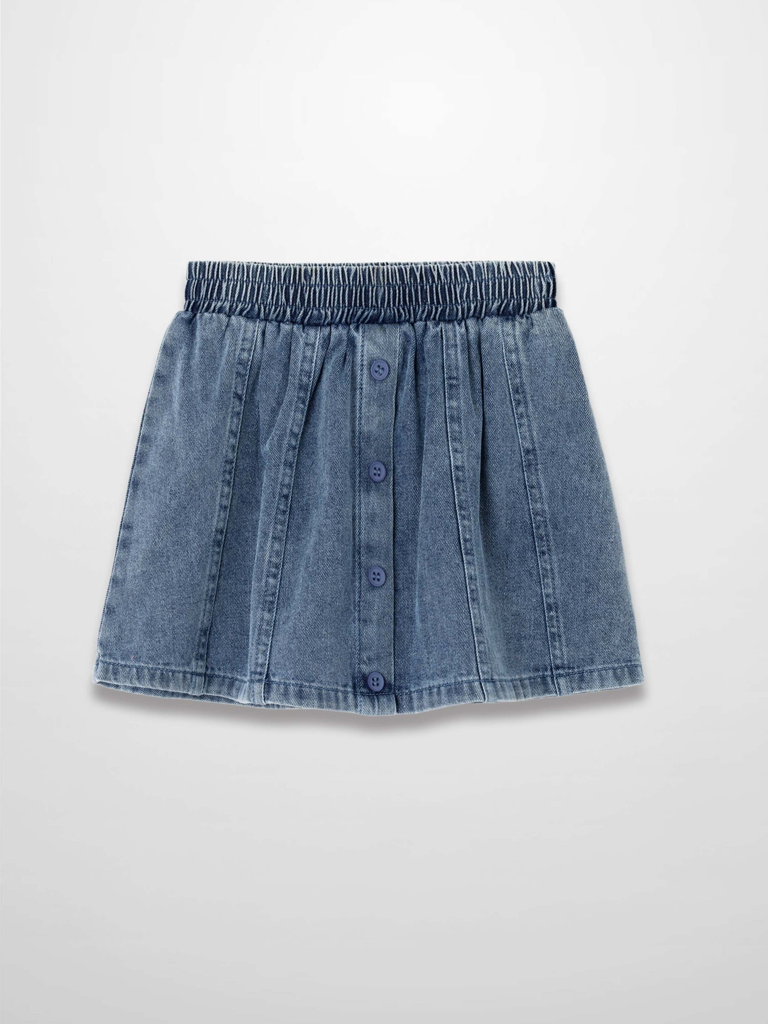 Paneled blue denim skirt with elastic waistband and front blue button placket.