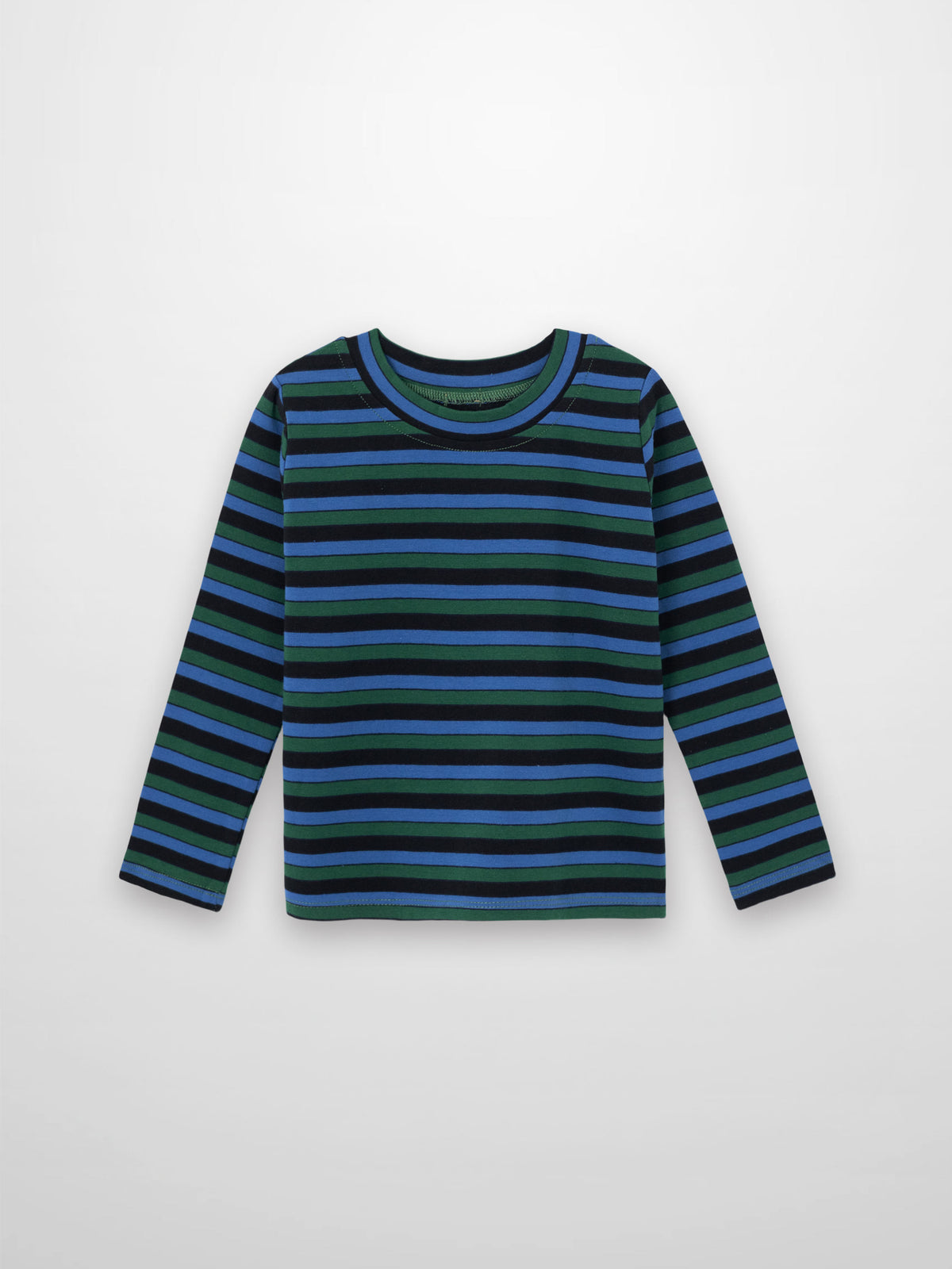 Blue striped long-sleeve crew-neck t-shirt with green and black stripes for kids.