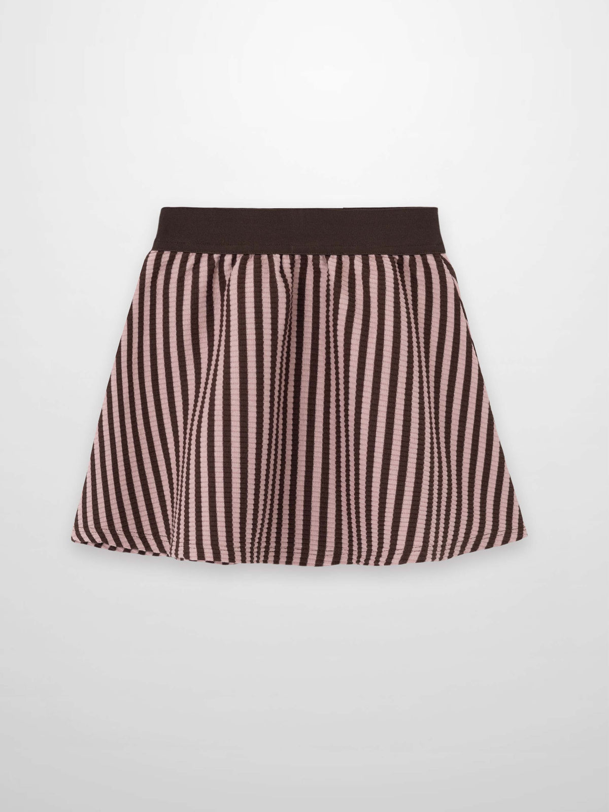 Striped pink and brown A-line skirt with a dark brown waistband.