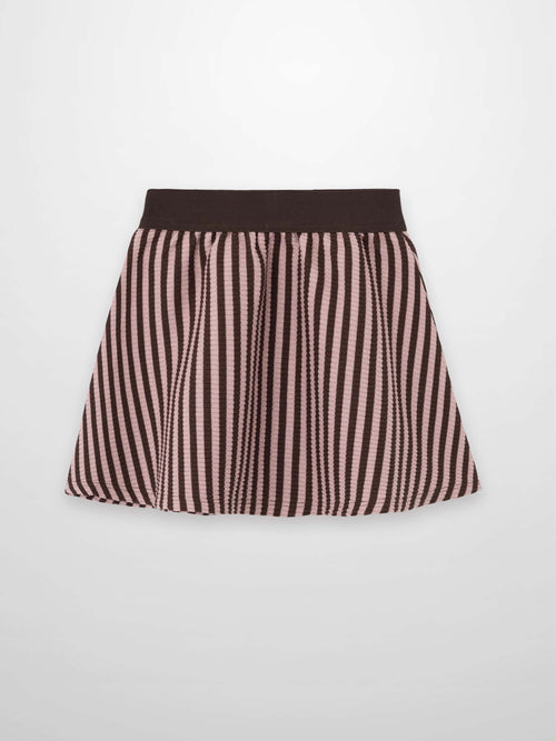 Striped pink and brown A-line skirt with a dark brown waistband.