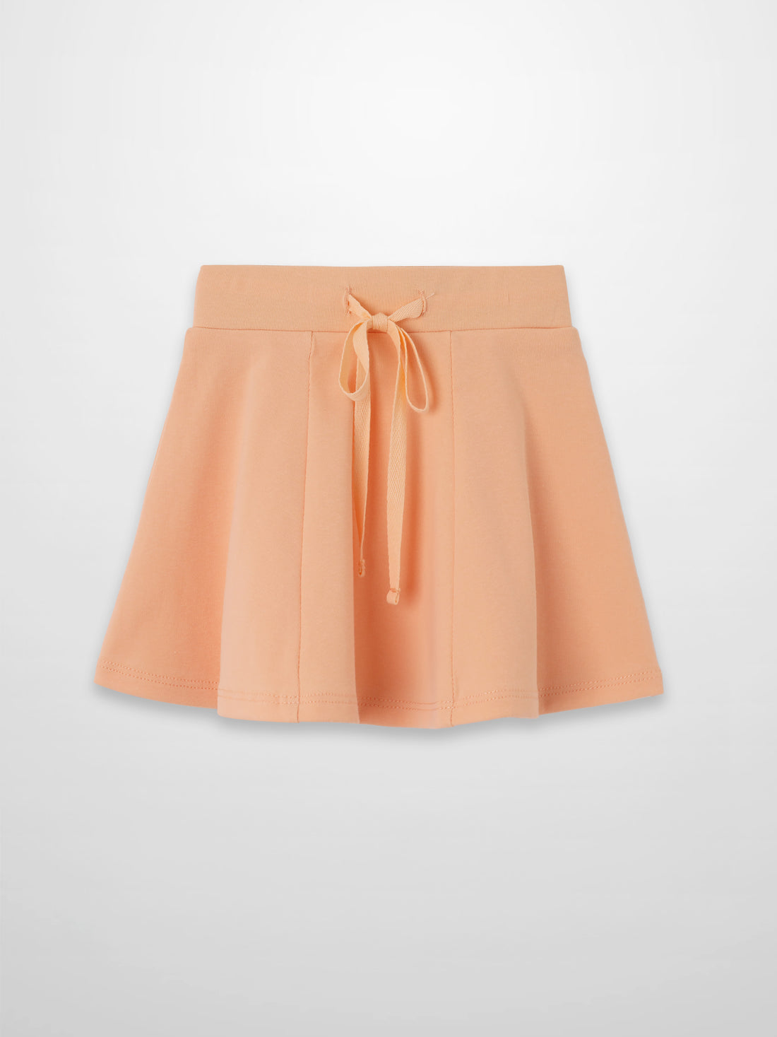 Peach 6-panel skirt with a front tie drawstring waist.