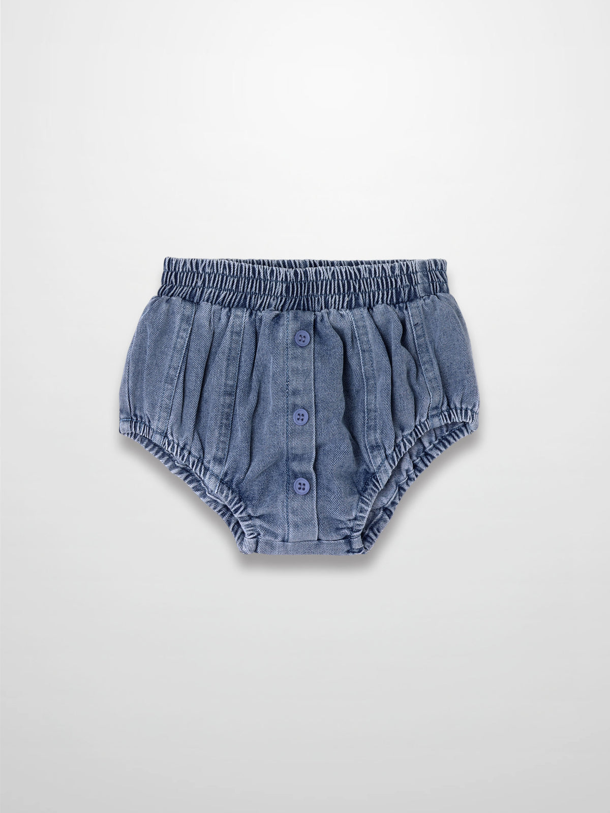 Paneled Bloomers - Blue Denim, Adee unisex bottoms with elastic waistband and front button placket.