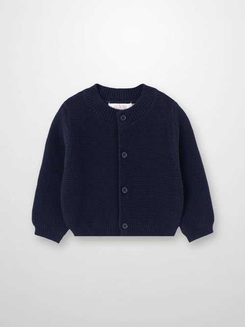 Knit cardigan navy by Adee; unisex dressy top with button-front closure.
