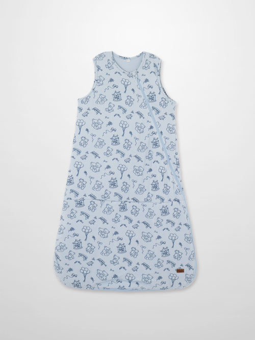 Storybook Sleep Sack for boys, blue fabric with playful bear pattern