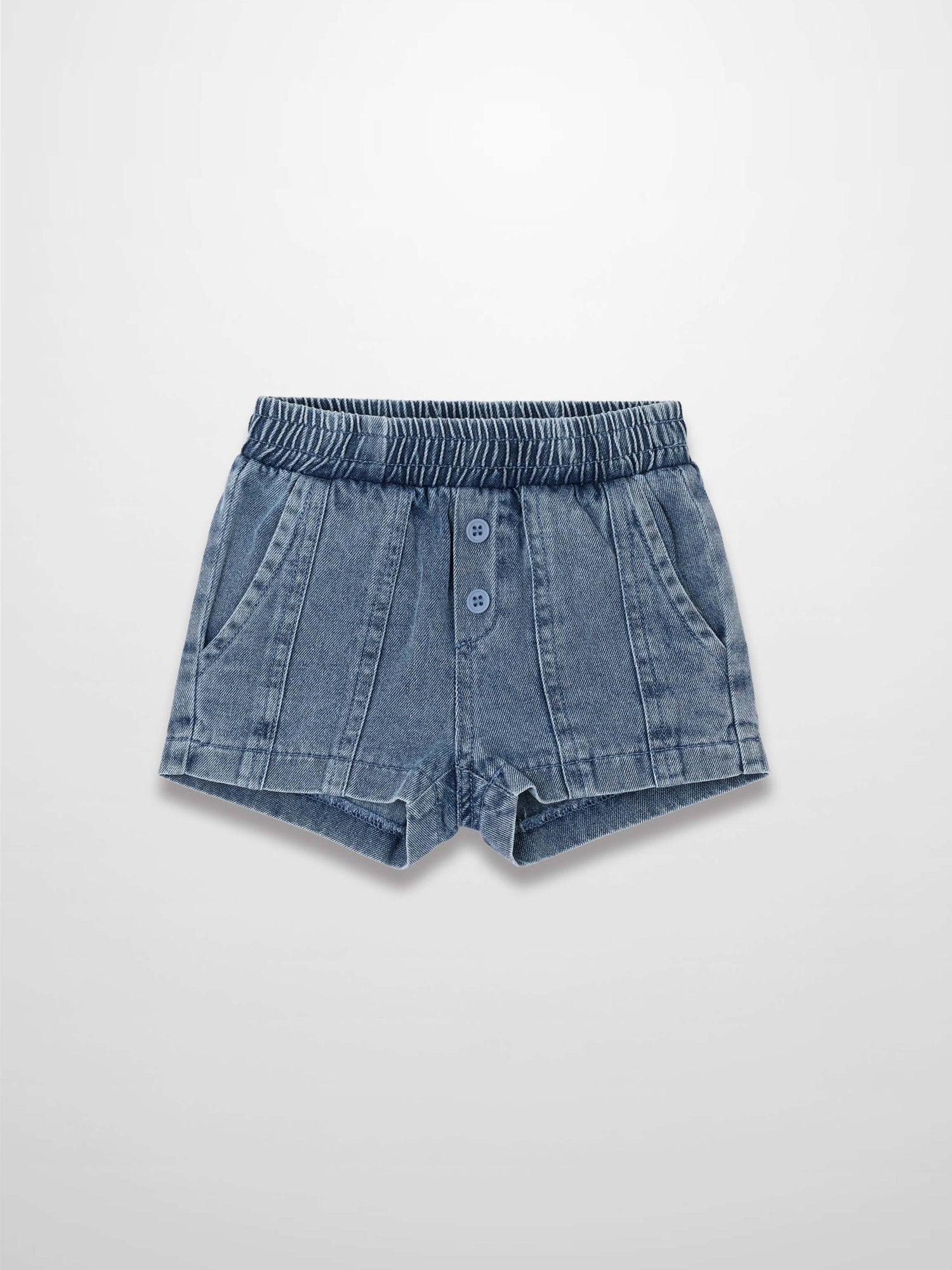 Paneled blue denim shorts with elastic waistband and button-front placket.