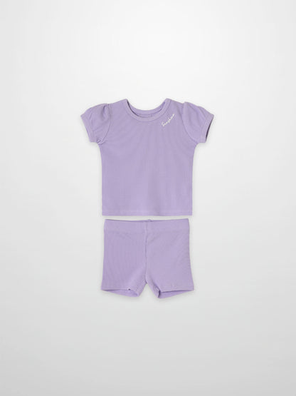 Ribbed Short Puff Sleeve T-shirt &amp; Shorts Set - Lavender