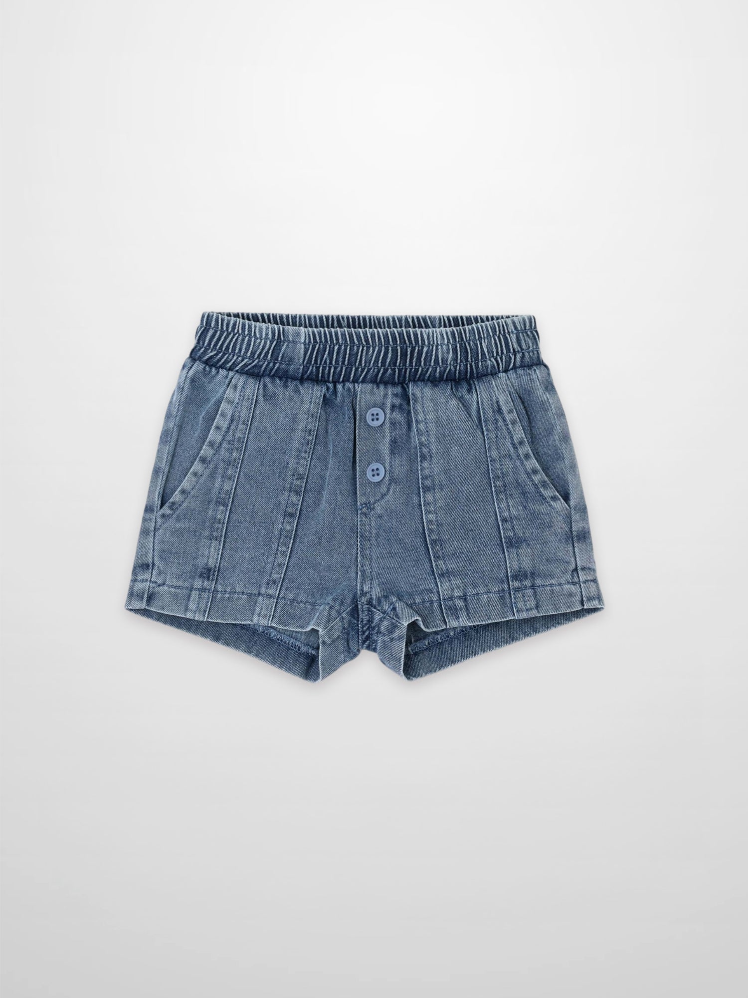 Paneled Shorts - blue denim for girls with elastic waistband and front button placket