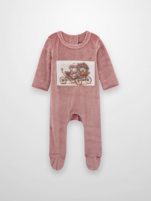 Velour Carriage Stretchy Pink baby footed romper with vintage carriage patch on chest.