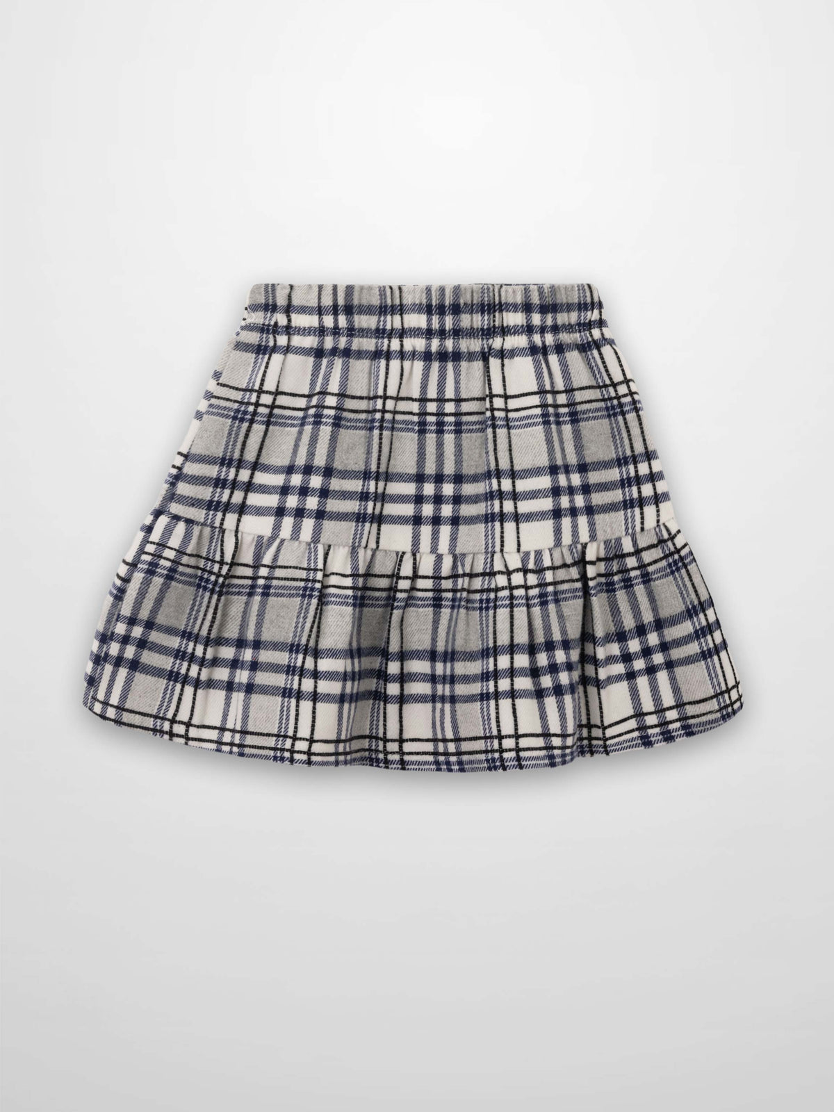 Girls plaid skirt in blue and gray with a two-tiered ruffle hem, dressy
