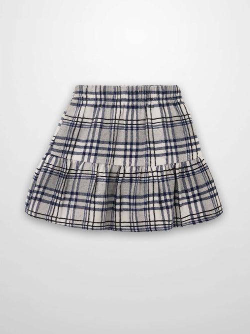 Girls plaid skirt in blue and gray with a two-tiered ruffle hem, dressy