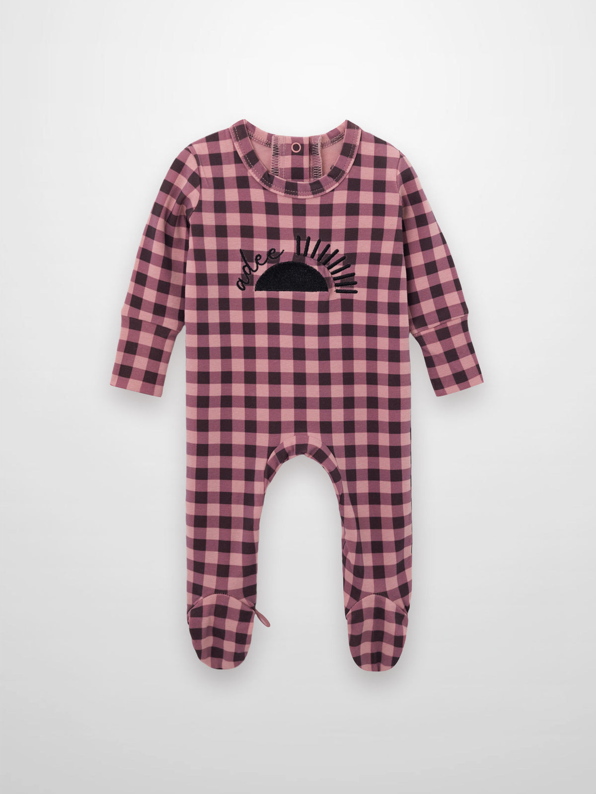 Pink gingham stretchy footed baby romper with sun motif and Adee stitching