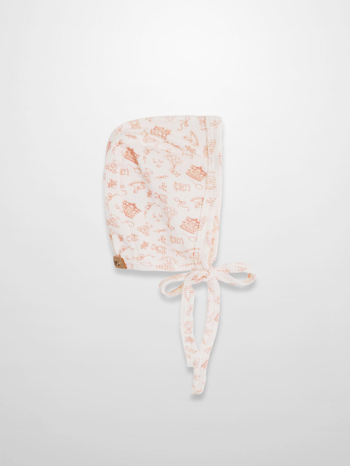Little Storybook Bonnet - Pink, white baby bonnet with pink print and tied ribbons, Adee