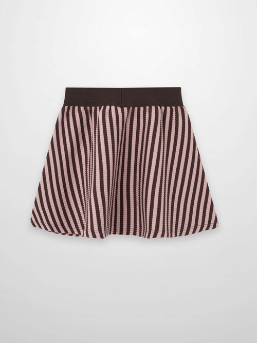 Brown and pink striped A-line skirt with a dark elastic waistband.