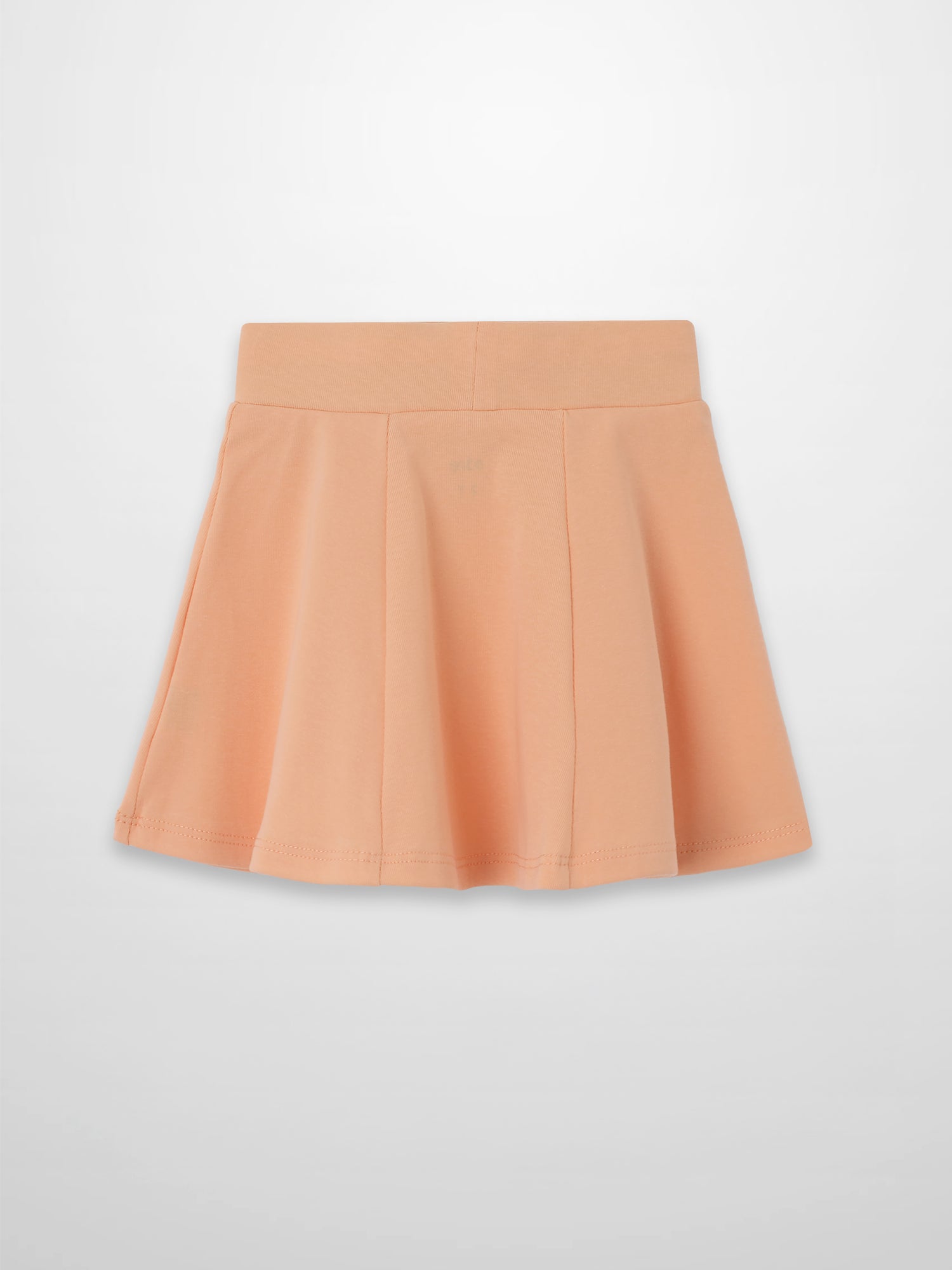 Peach 6-panel A-line skirt with a wide waistband and soft pleats.