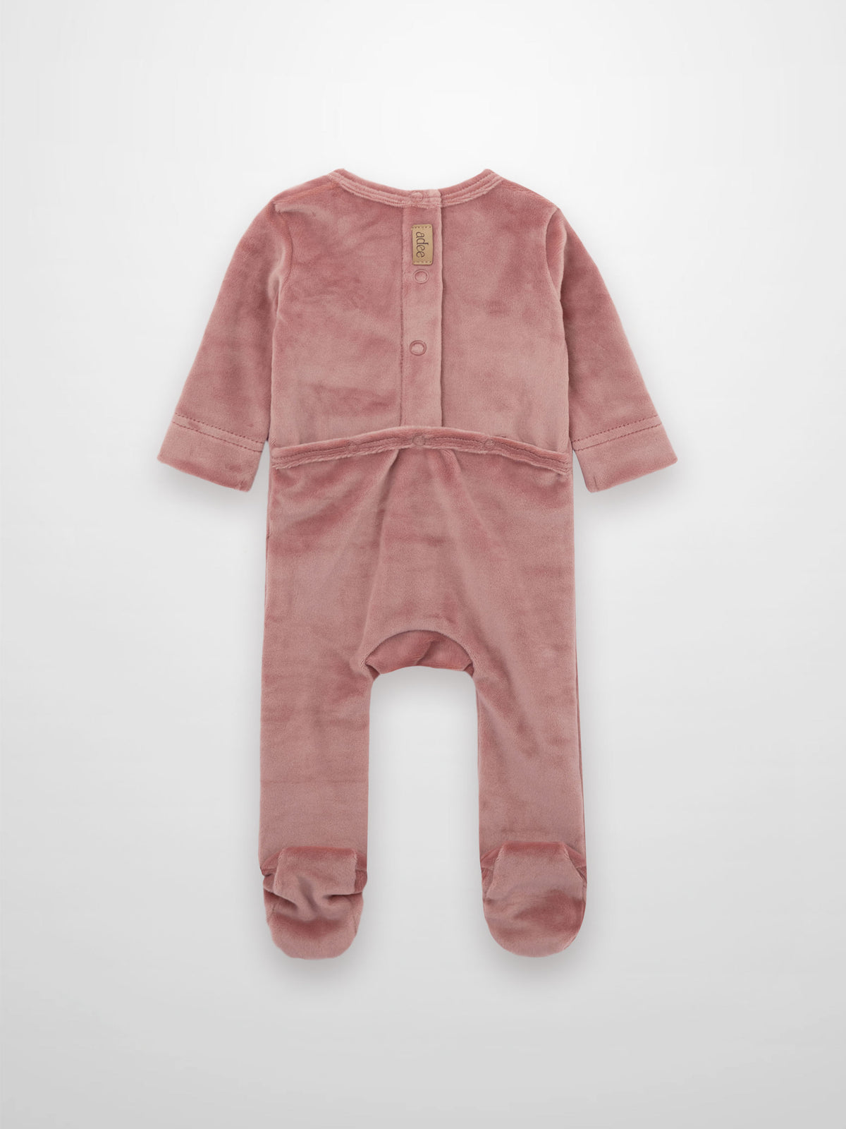 Back view of pink velour baby footed romper with carriage embroidery patch and snaps