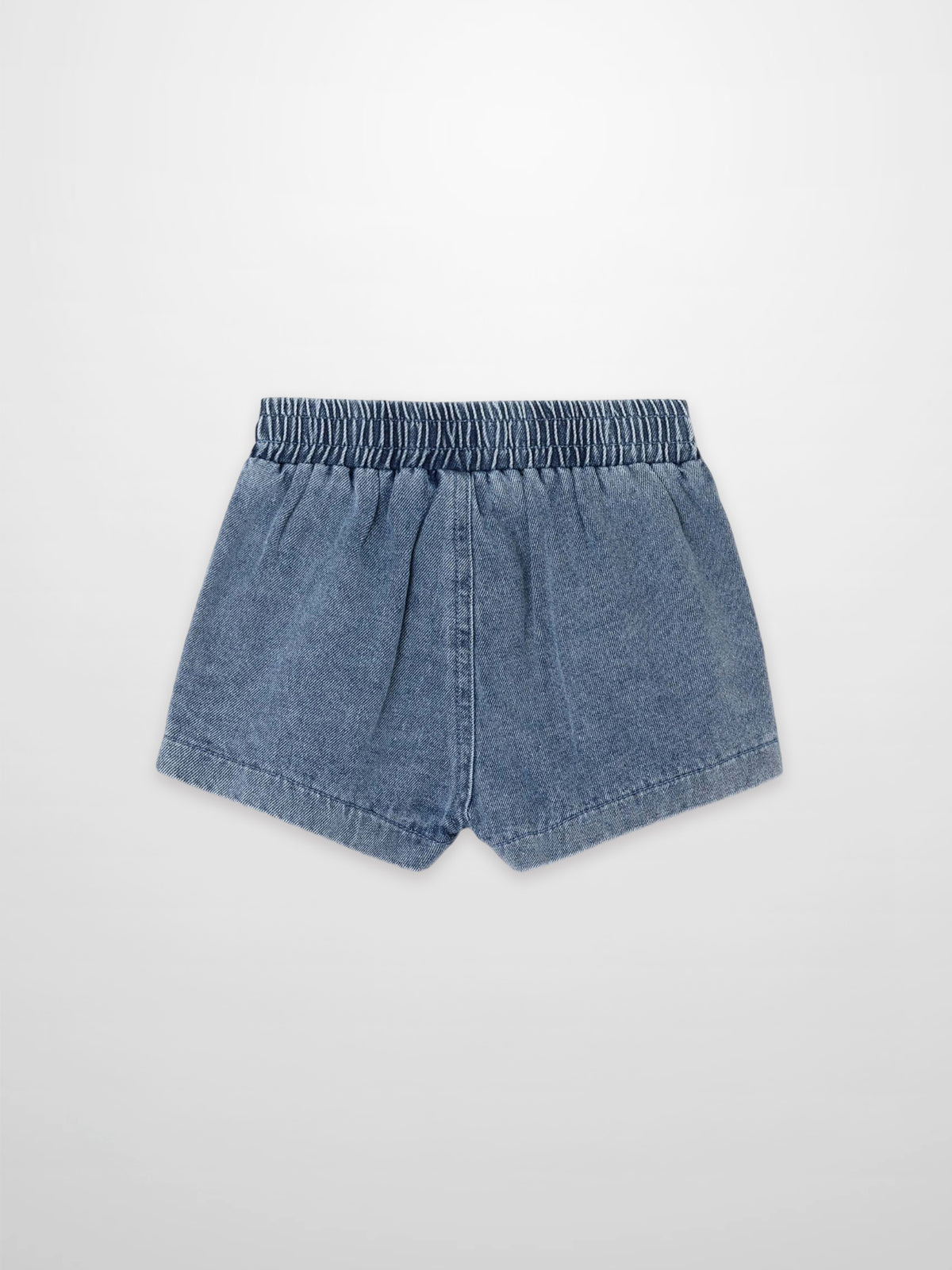 Paneled shorts for girls in blue denim by Adee; elastic waistband.