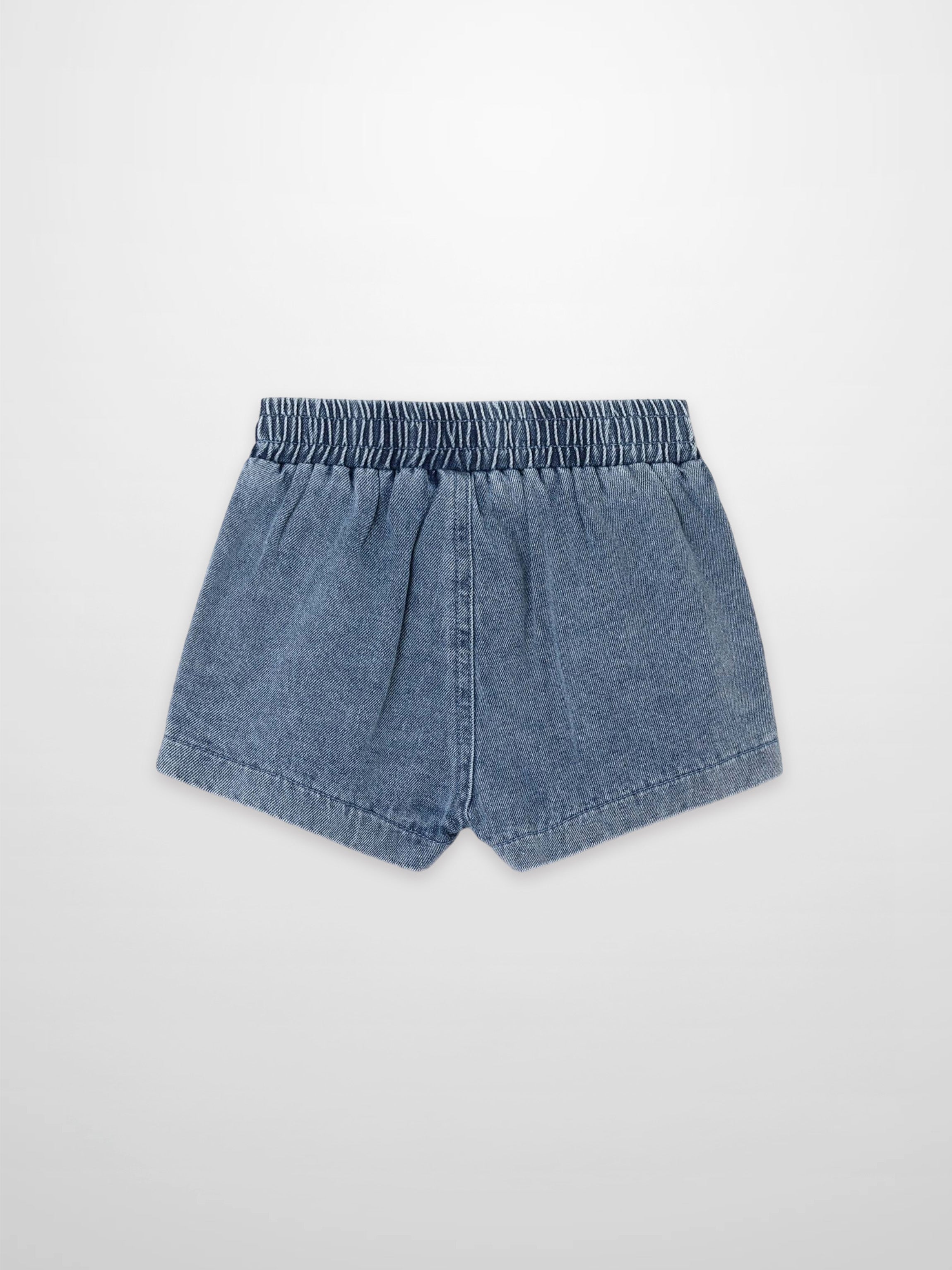 Paneled shorts for girls in blue denim by Adee; elastic waistband.