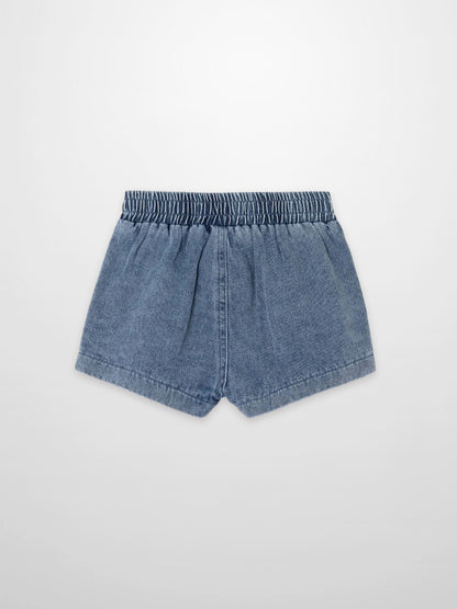Paneled shorts for girls in blue denim by Adee; elastic waistband.