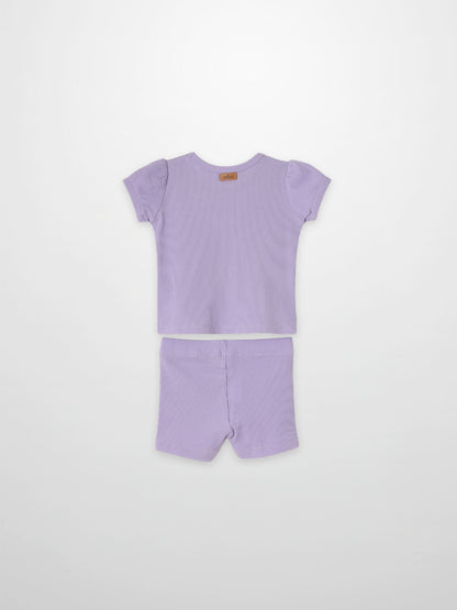 Ribbed Short Puff Sleeve T-shirt &amp; Shorts Set - Lavender