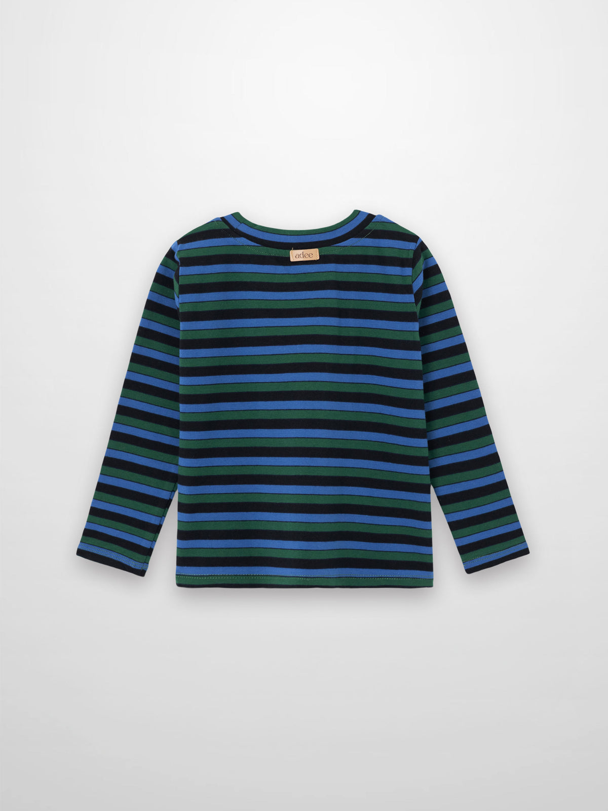 Blue Striped long-sleeve T-shirt for babies and kids in blue, green, and black stripes.