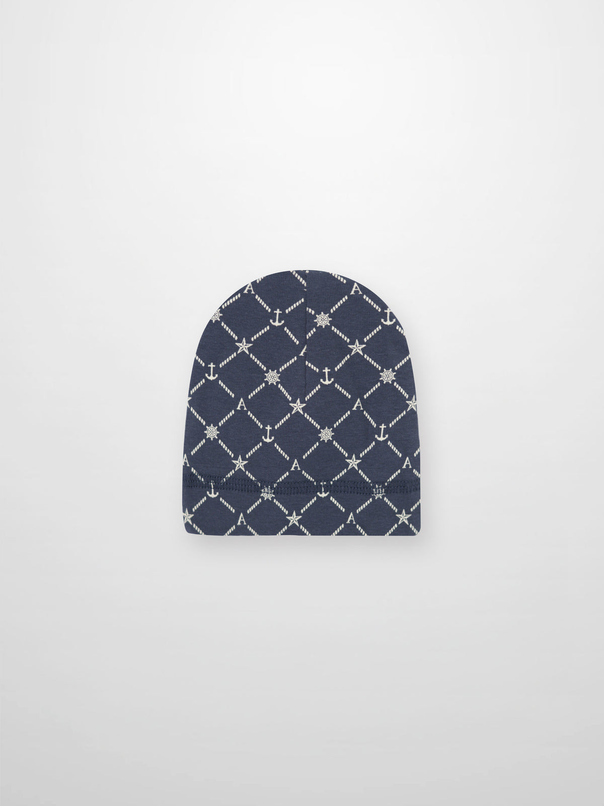 Crossover Anchor Beanie - Navy with white rope-diamond pattern featuring anchors, stars, ship wheels, and A accents.